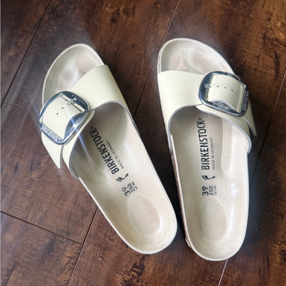 Birkenstock Butter Yellow Sandals with Metallic Buckle